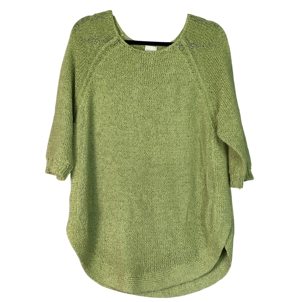 Chico's Open Knit 3/4 Sleeve Raglan Sweater Size 2 Large Lime Green